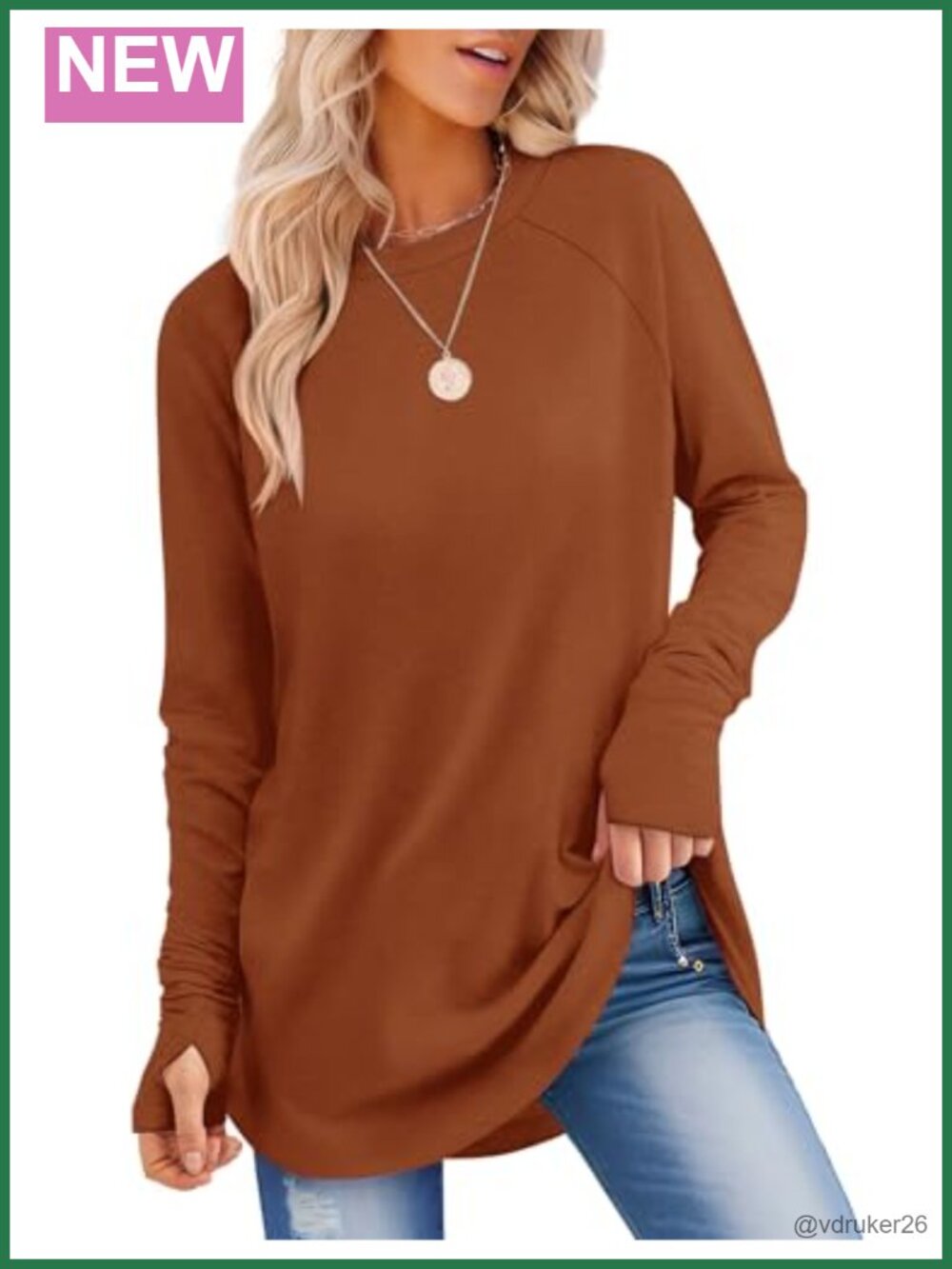 Women's Long Sleeve Tunic Top with Thumb Holes and Curved Hem